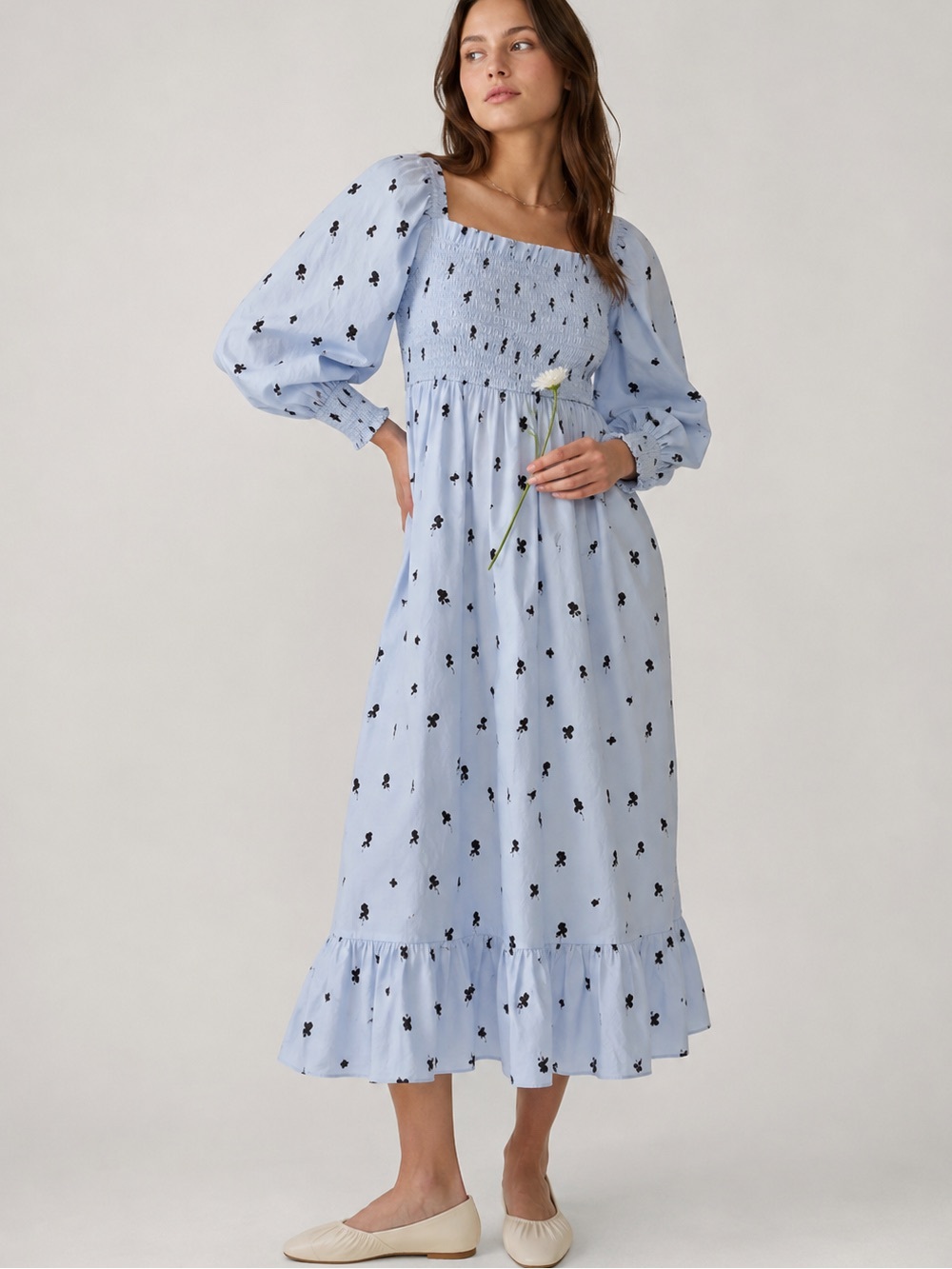 NWT CRĀS Faficras Organic Cotton Smocked Midi Dress - Rose Bell Blue - Size 36